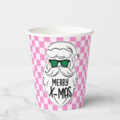 Retro Groovy Pink Checkered Santa Claus Christmas Papieren Bekers (Achterkant)