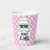 Retro Groovy Pink Checkered Santa Claus Christmas Papieren Bekers (Voorkant)