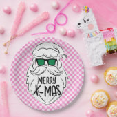 Retro Groovy Pink Checkered Santa Claus Christmas Papieren Bordje (Feest)