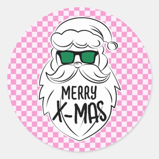 Retro Groovy Pink Checkered Santa Claus Christmas Ronde Sticker (Voorkant)