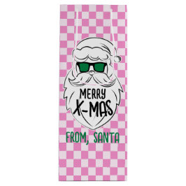 Retro Groovy Pink Checkered Santa Claus Christmas Wijn Cadeautas