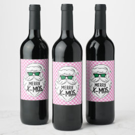 Retro Groovy Pink Checkered Santa Claus Christmas Wijn Etiket
