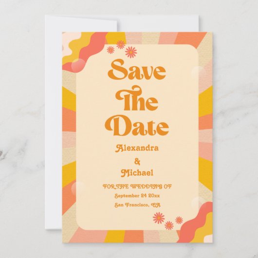 Retro Groovy Pink en Gold Wave Wedding Save the D Date (Voorkant)