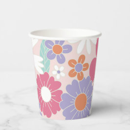 Retro Groovy Pink Floral Paper Borden Papieren Bekers