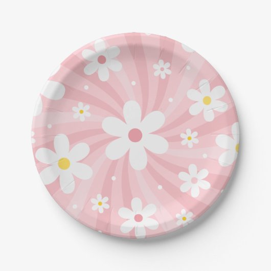 Retro Groovy Pink Sunshine Daisy Floral Hippie Papieren Bordje (Voorkant)