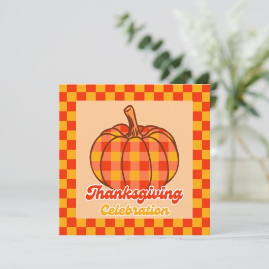 Retro Groovy Plaid Pompoen Geruite Thanksgiving Kaart (Staand voorkant)