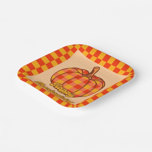 Retro Groovy Plaid Pompoen Geruite Thanksgiving Papieren Bordje (Gebogen)