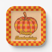 Retro Groovy Plaid Pompoen Geruite Thanksgiving Papieren Bordje (Voorkant)