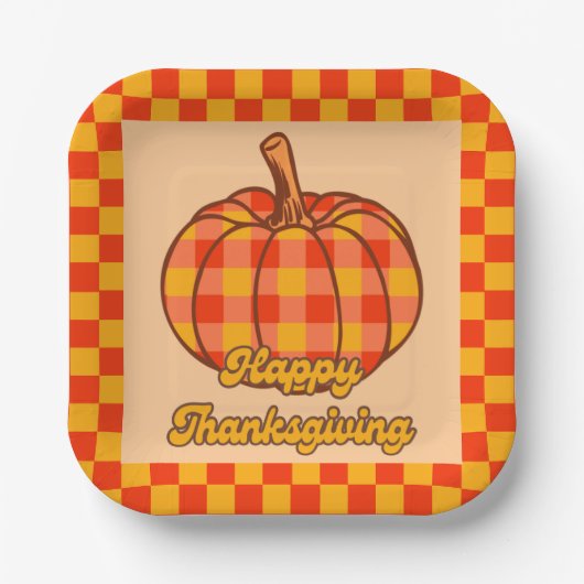 Retro Groovy Plaid Pompoen Geruite Thanksgiving Papieren Bordje (Voorkant)