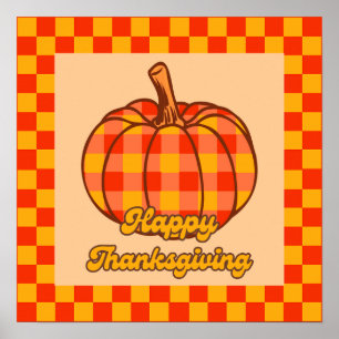 Retro Groovy Plaid Pompoen Geruite Thanksgiving Poster