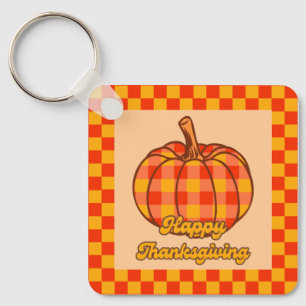 Retro Groovy Plaid Pompoen Geruite Thanksgiving Sleutelhanger