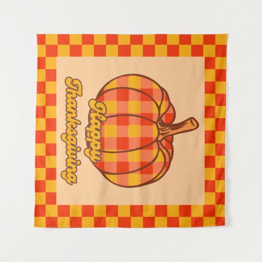 Retro Groovy Plaid Pompoen Geruite Thanksgiving Wandkleed (Voorkant (horizontaal))