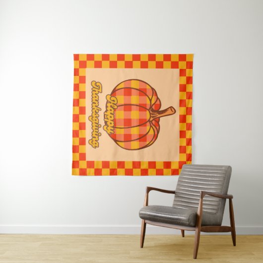 Retro Groovy Plaid Pompoen Geruite Thanksgiving Wandkleed (In Situ (horizontaal))