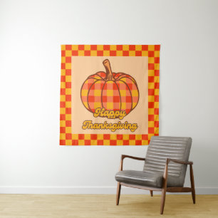 Retro Groovy Plaid Pompoen Geruite Thanksgiving Wandkleed