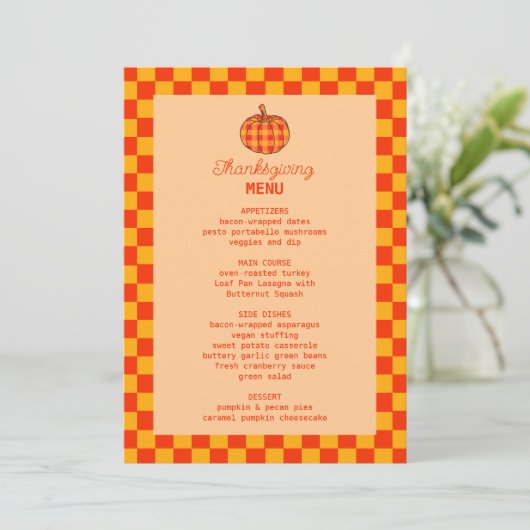 Retro Groovy Plaid Pompoen Thanksgiving Diner Menu (Staand voorkant)