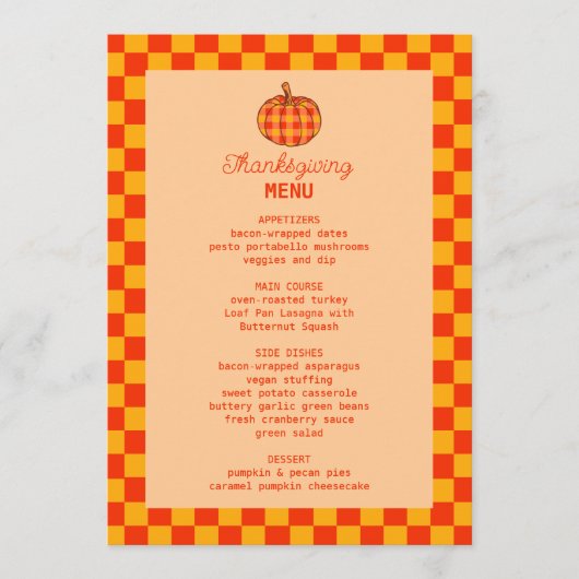 Retro Groovy Plaid Pompoen Thanksgiving Diner Menu (Voorkant)
