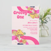 Retro Groovy Psychedelic Mushroom Roze Verjaardag Kaart (Staand voorkant)