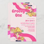 Retro Groovy Psychedelic Mushroom Roze Verjaardag Kaart (Voorkant / Achterkant)