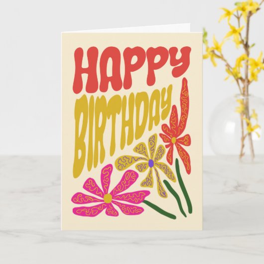 Retro Groovy Psychedelische Bloem Botanische Verja Kaart (Gele Bloem)