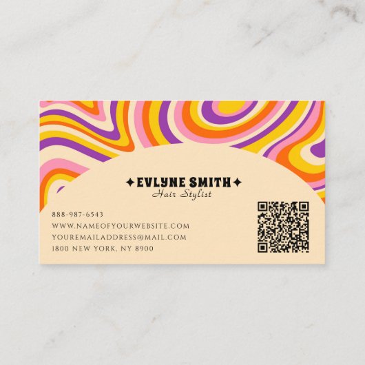 Retro Groovy QR Code 70s Psychedelic Hairs Stylist Visitekaartje (Achterkant)