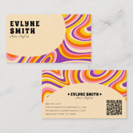 Retro Groovy QR Code 70s Psychedelic Hairs Stylist Visitekaartje