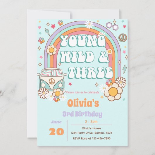 Retro Groovy Rainbow 3e verjaardag uitnodiging (Voorkant)