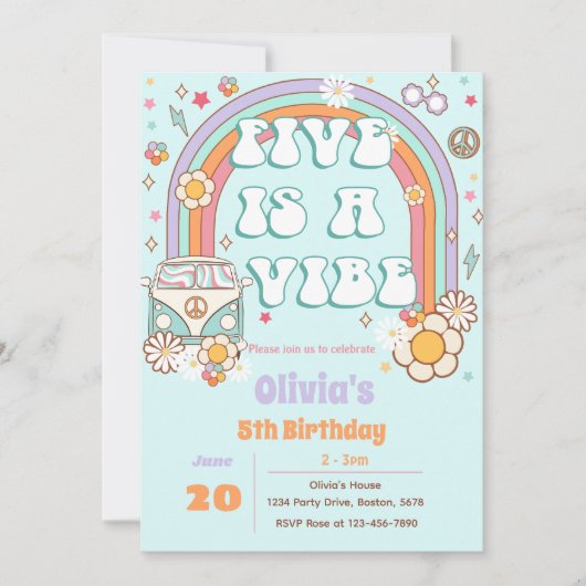 Retro Groovy Rainbow 5e verjaardag uitnodiging (Voorkant)