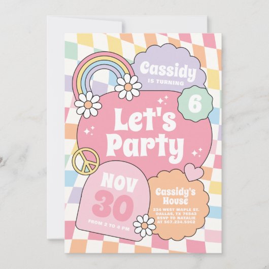 Retro Groovy Rainbow Checker Girl Birthday Kaart (Voorkant)