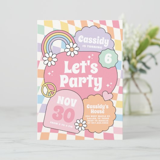 Retro Groovy Rainbow Checker Girl Birthday Kaart (Staand voorkant)