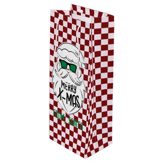 Retro Groovy Red Checkered Santa Claus Christmas Wijn Cadeautas (Voorkant Gekanteld)