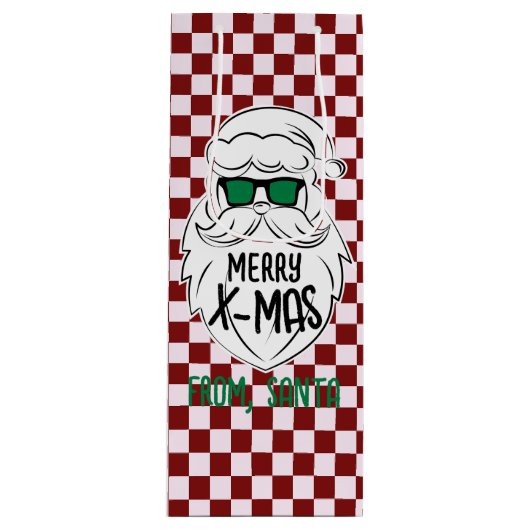 Retro Groovy Red Checkered Santa Claus Christmas  Wijn Cadeautas (Voorkant)