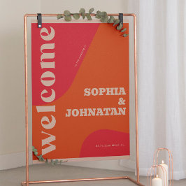 Retro groovy red orange typography welcome wedding poster