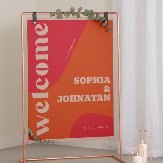 Retro groovy red orange typography welcome wedding poster