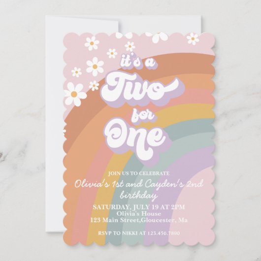 Retro Groovy regenboog twee voor één uitnodiging (Voorkant)