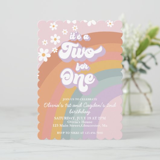 Retro Groovy regenboog twee voor één uitnodiging (Staand voorkant)
