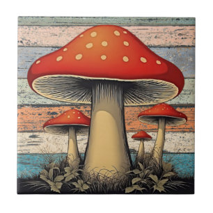 Retro Groovy Rode Paddenstoelen op Rustiek Hout Tegeltje