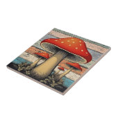 Retro Groovy Rode Paddenstoelen op Rustiek Hout Tegeltje (Zijkant)