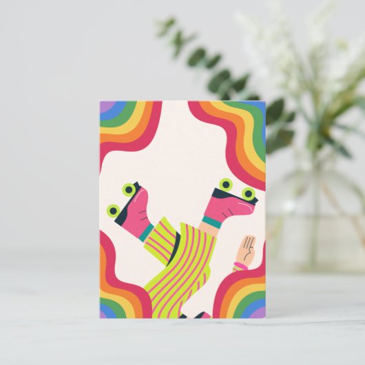 Retro groovy roller schaats kleurrijk plezier briefkaart (Staand voorkant)