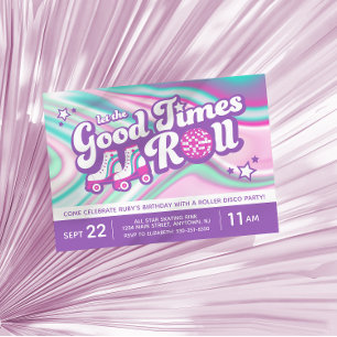 Retro Groovy Rolschaatsen Party Paarse & Roze Kaart