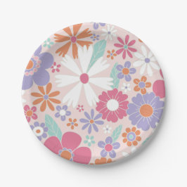 Retro Groovy Roze Bloemen Papieren Borden Bordje