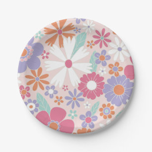 Retro Groovy Roze Bloemen Papieren Borden Bordje