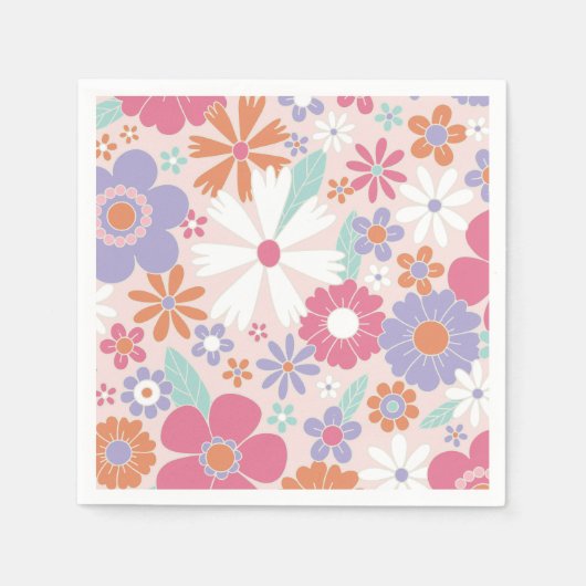 Retro Groovy Roze Bloemen Servet (Voorkant)