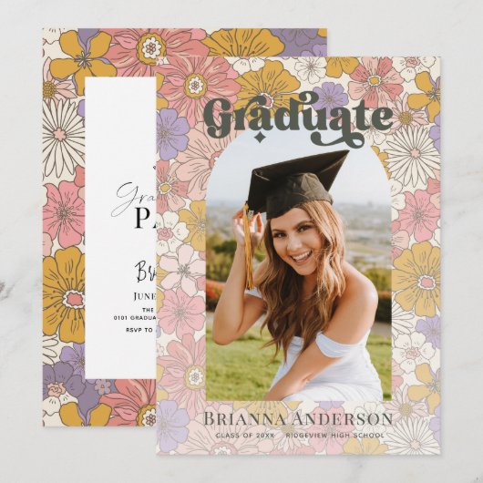 Retro Groovy Roze Bloemenboog Afstuderen Foto Kaart (Voorkant / Achterkant)