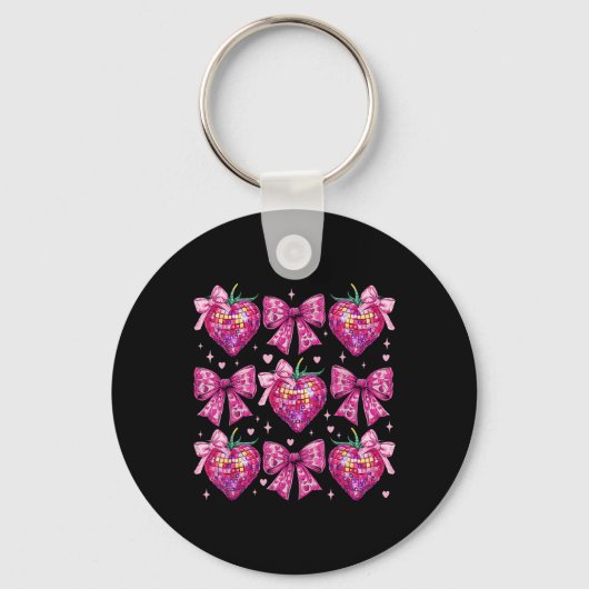 Retro Groovy Roze Coquette Bow Aardbei Valentin Sleutelhanger (Voorkant)