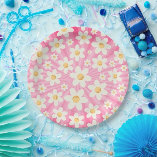 Retro Groovy Roze Daisy Verjaardagspapier Borden – Papieren Bordje (Feest)