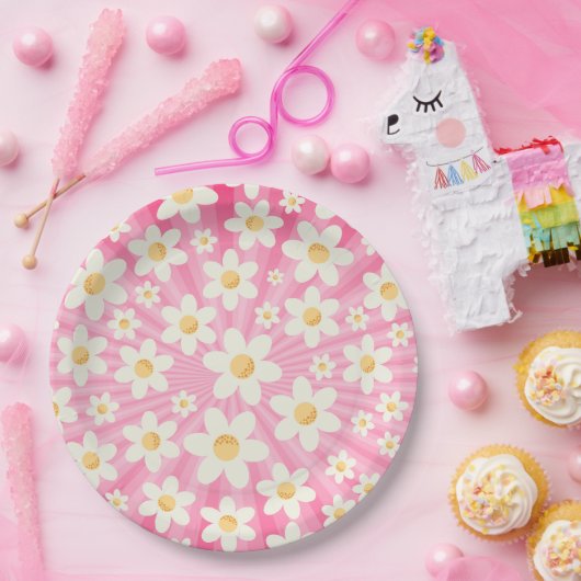 Retro Groovy Roze Daisy Verjaardagspapier Borden – Papieren Bordje (Feest)