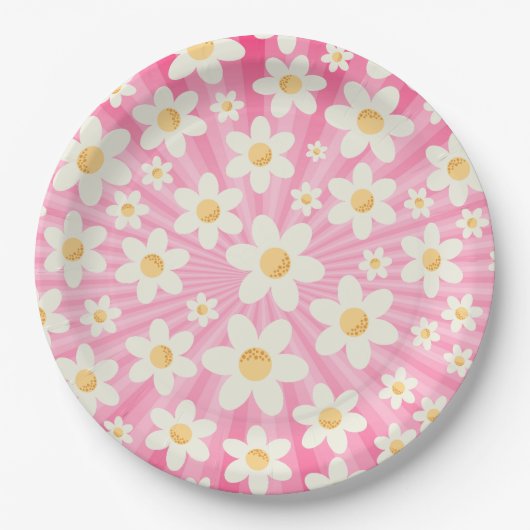 Retro Groovy Roze Daisy Verjaardagspapier Borden – Papieren Bordje (Voorkant)
