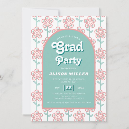 Retro groovy roze en aquabloemen 70s Afstuderen Kaart (Voorkant)