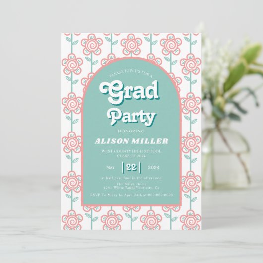 Retro groovy roze en aquabloemen 70s Afstuderen Kaart (Staand voorkant)