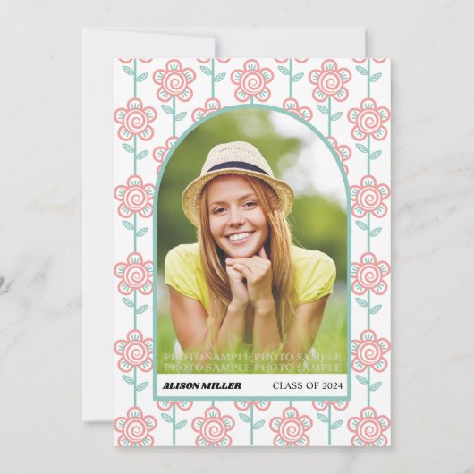 Retro groovy roze en aquabloemen 70s Afstuderen Kaart (Achterkant)